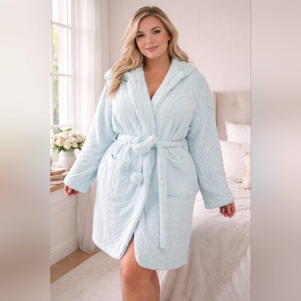 PJ Couture Sky Blue Plush Fleece Hooded Robe Belted Plus Size 1X #1715